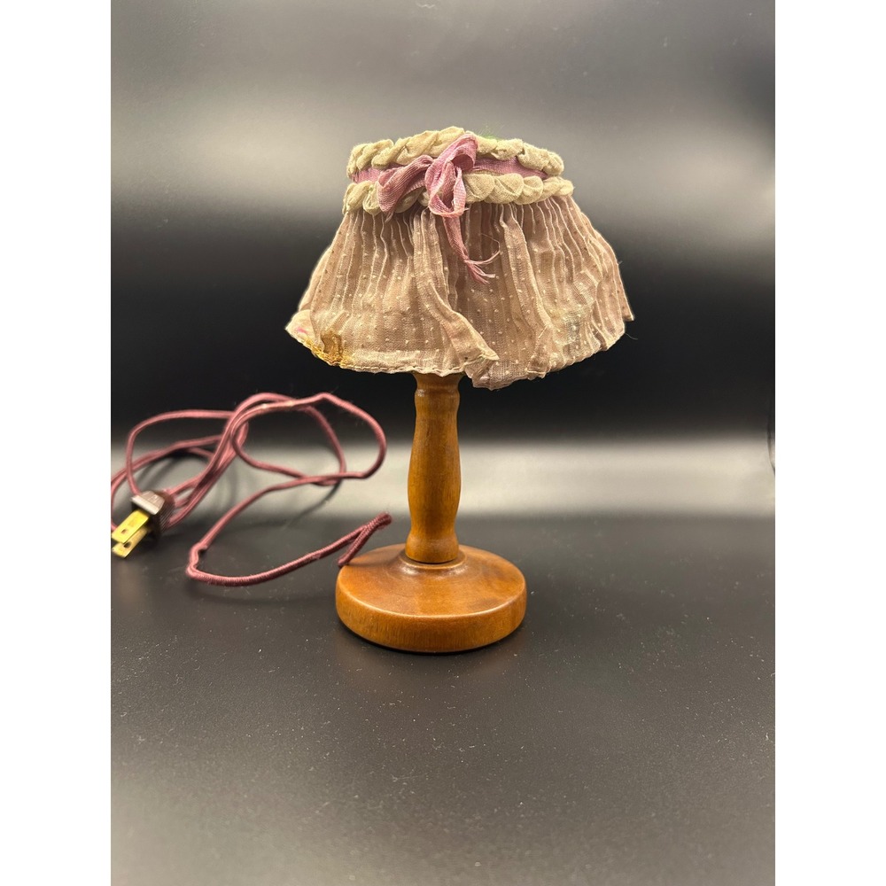 Vintage Miniature Wood Boudoir Lamp Ruffled Swiss Dot Shade Purple Cord 6.5 in
